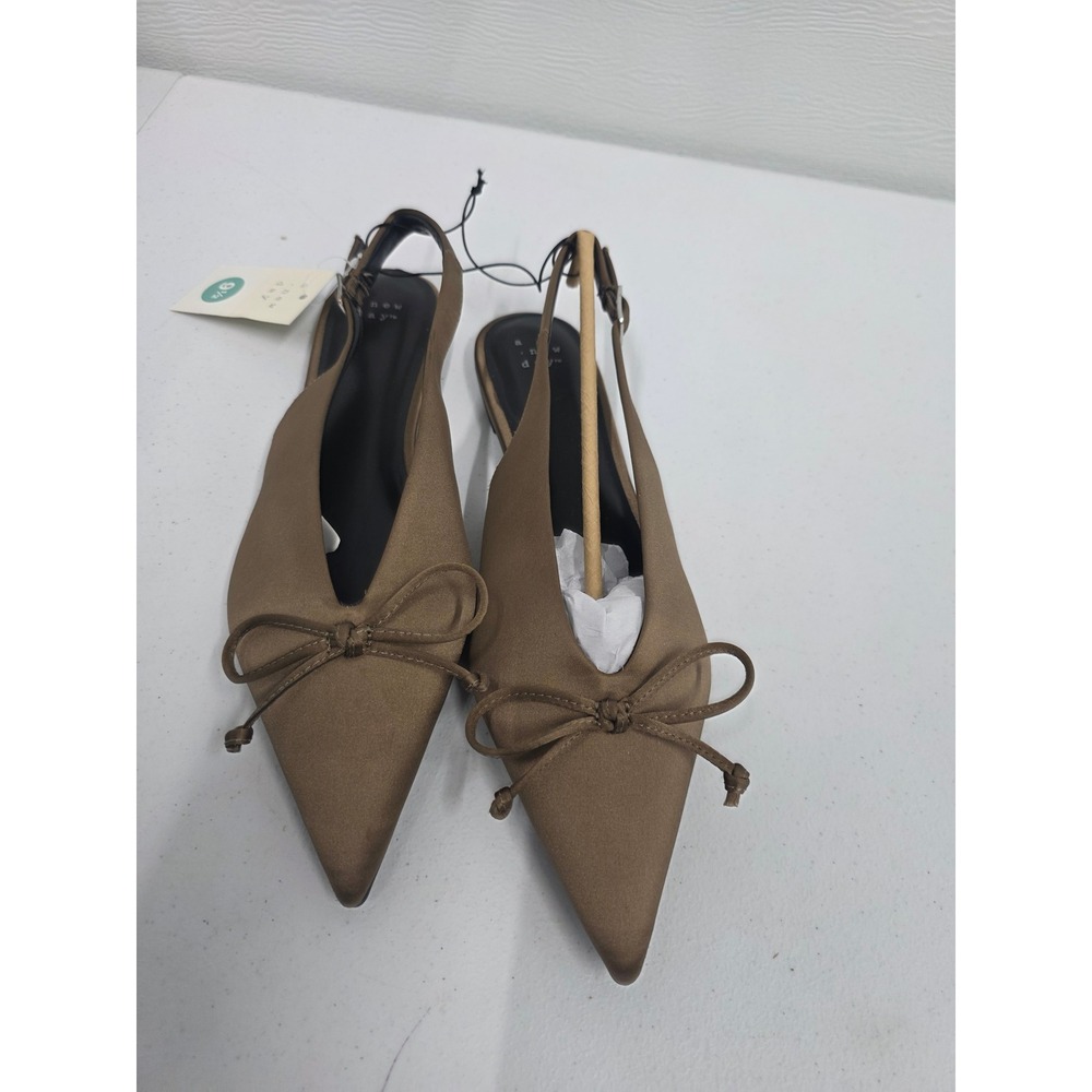A New Day Brown Satin Pointed Toe Slingback Bow Flats Shoes Womens 9.5 NEW